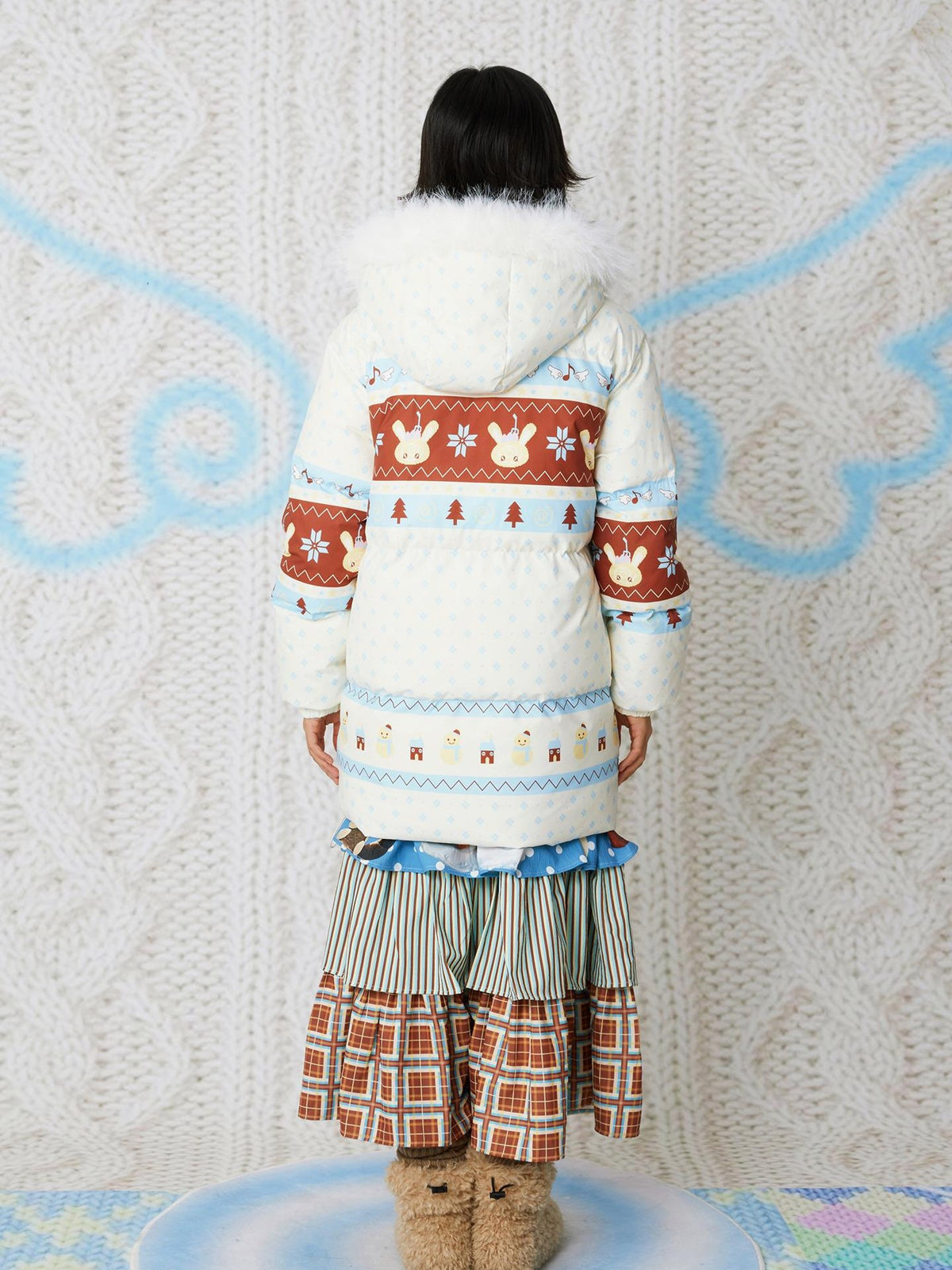 Frufru Gulu White Hooded Cartoon Fair Isle Print Women&