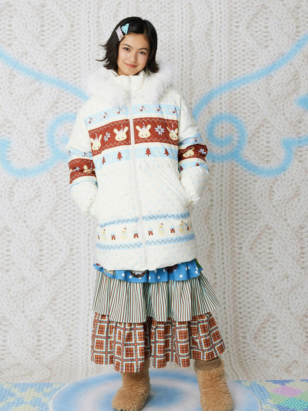 Frufru Gulu White Hooded Cartoon Fair Isle Print Women&