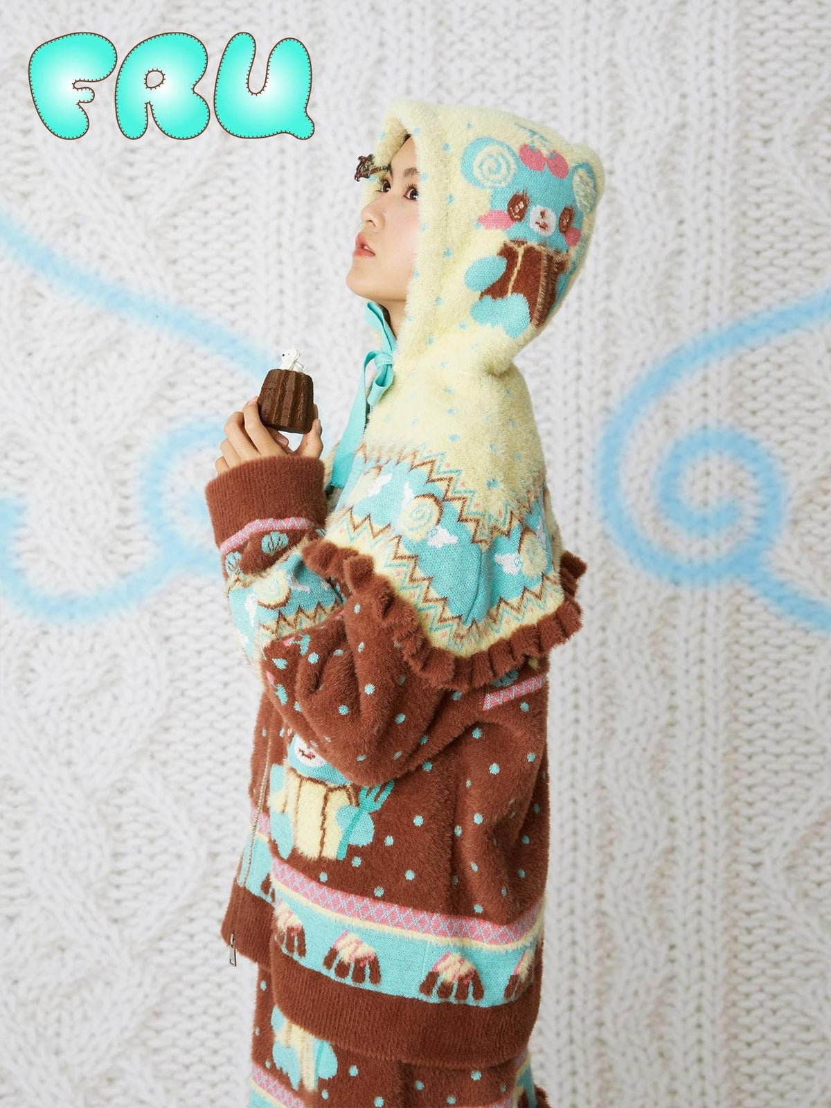 Frufru Gulu Yellow Bear Vintage Hooded Cape Knit Women&
