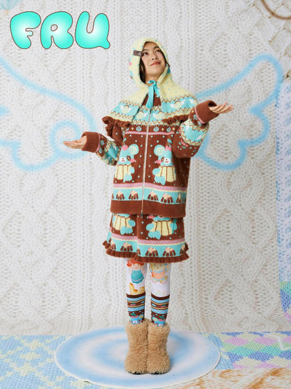 Frufru Gulu Yellow Bear Vintage Hooded Cape Knit Women&