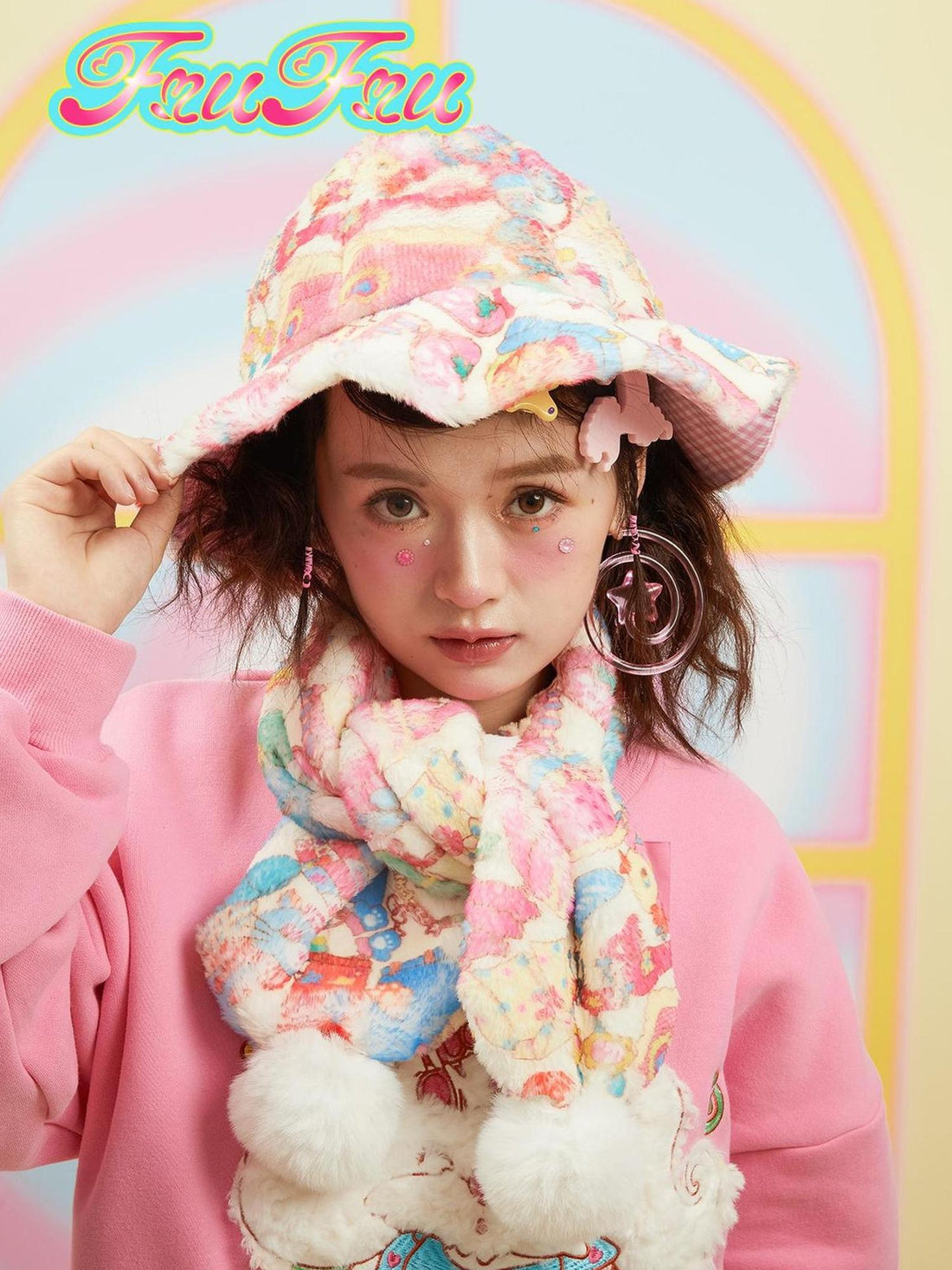 Frufru Gulu Frufruu Cute Cartoon Print Hat Scarf Set For Girls