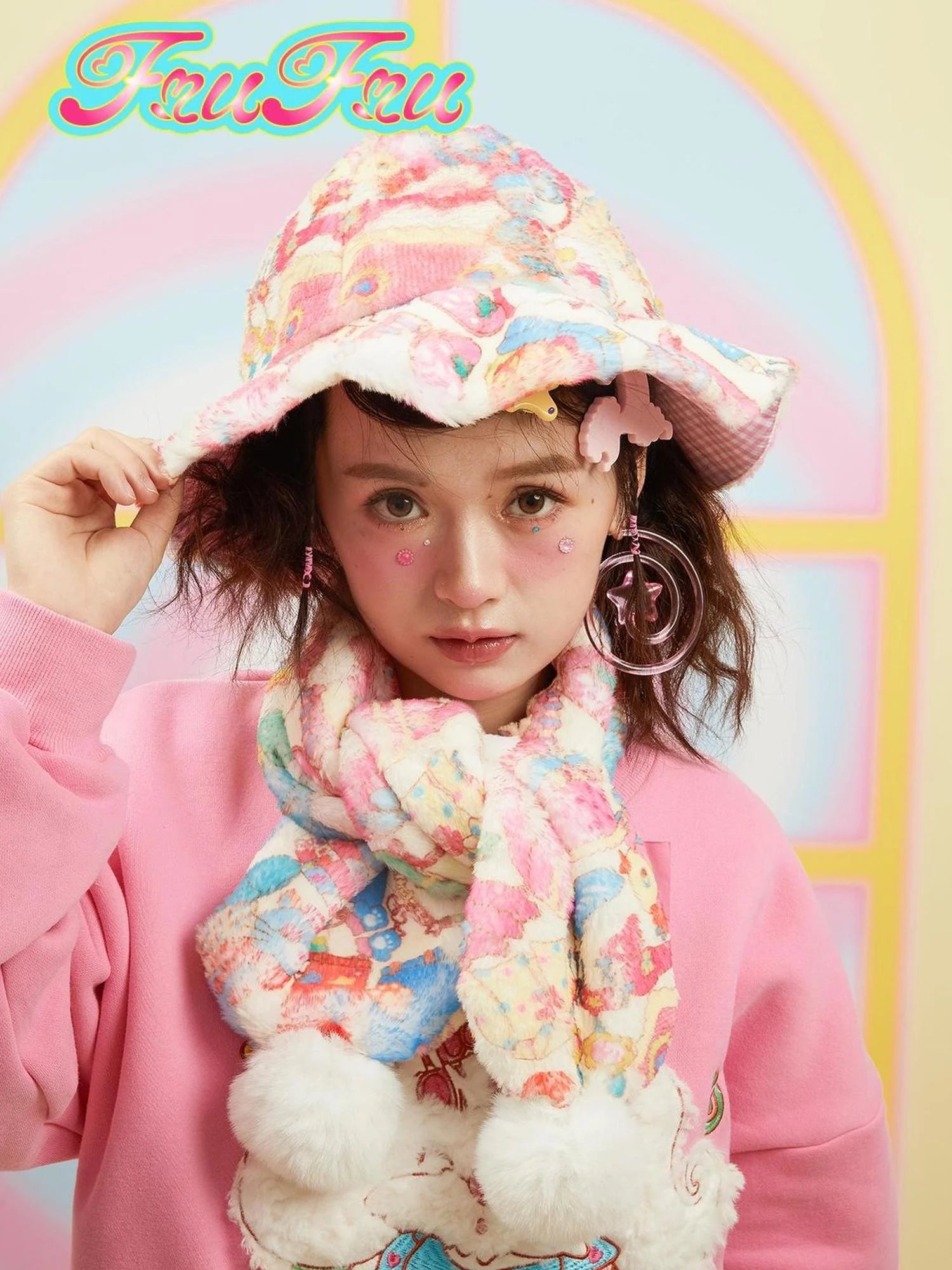 Frufruu Cute Cartoon Print Hat Scarf Set For Girls