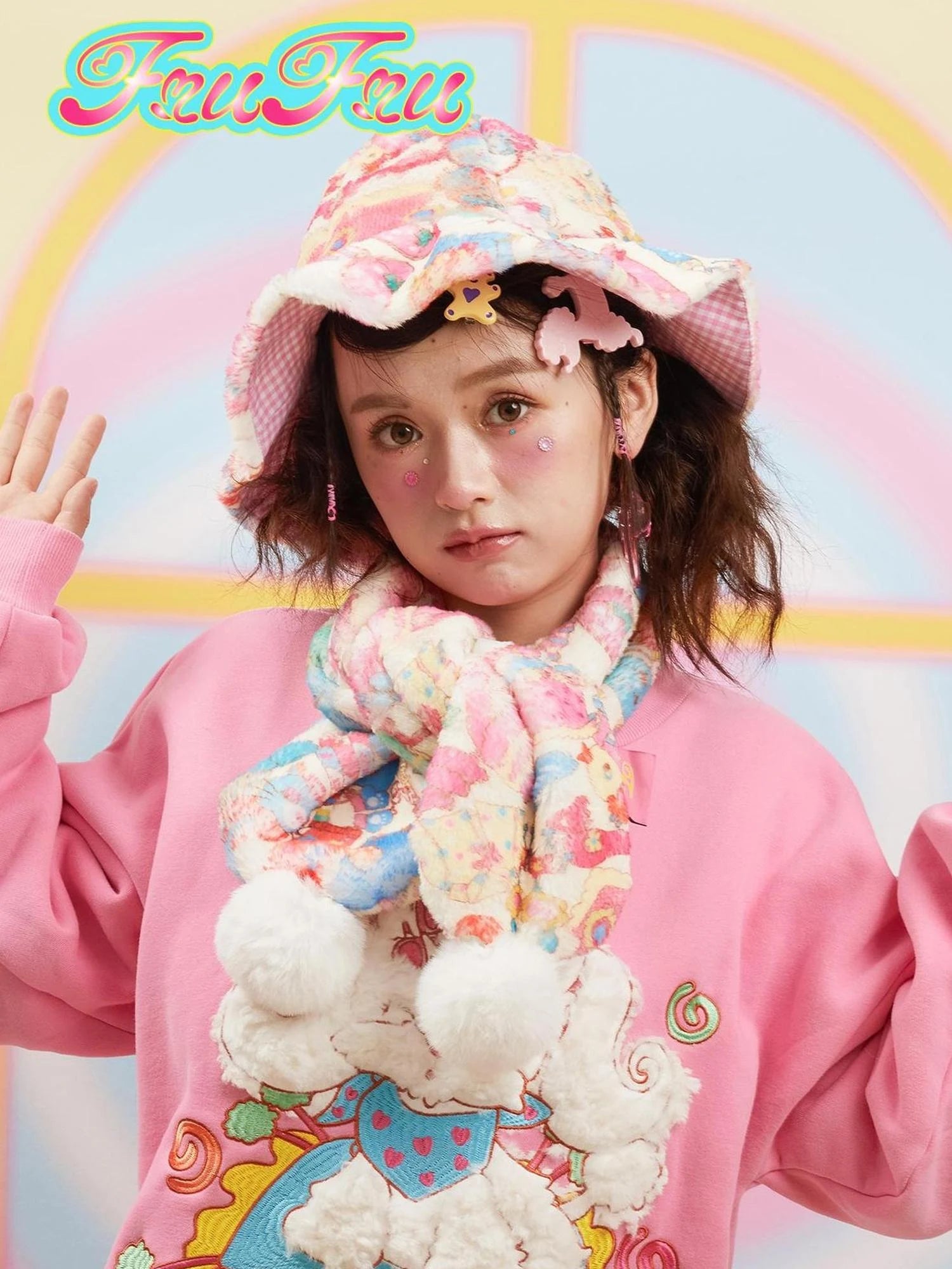 Frufruu Cute Cartoon Print Hat Scarf Set For Girls