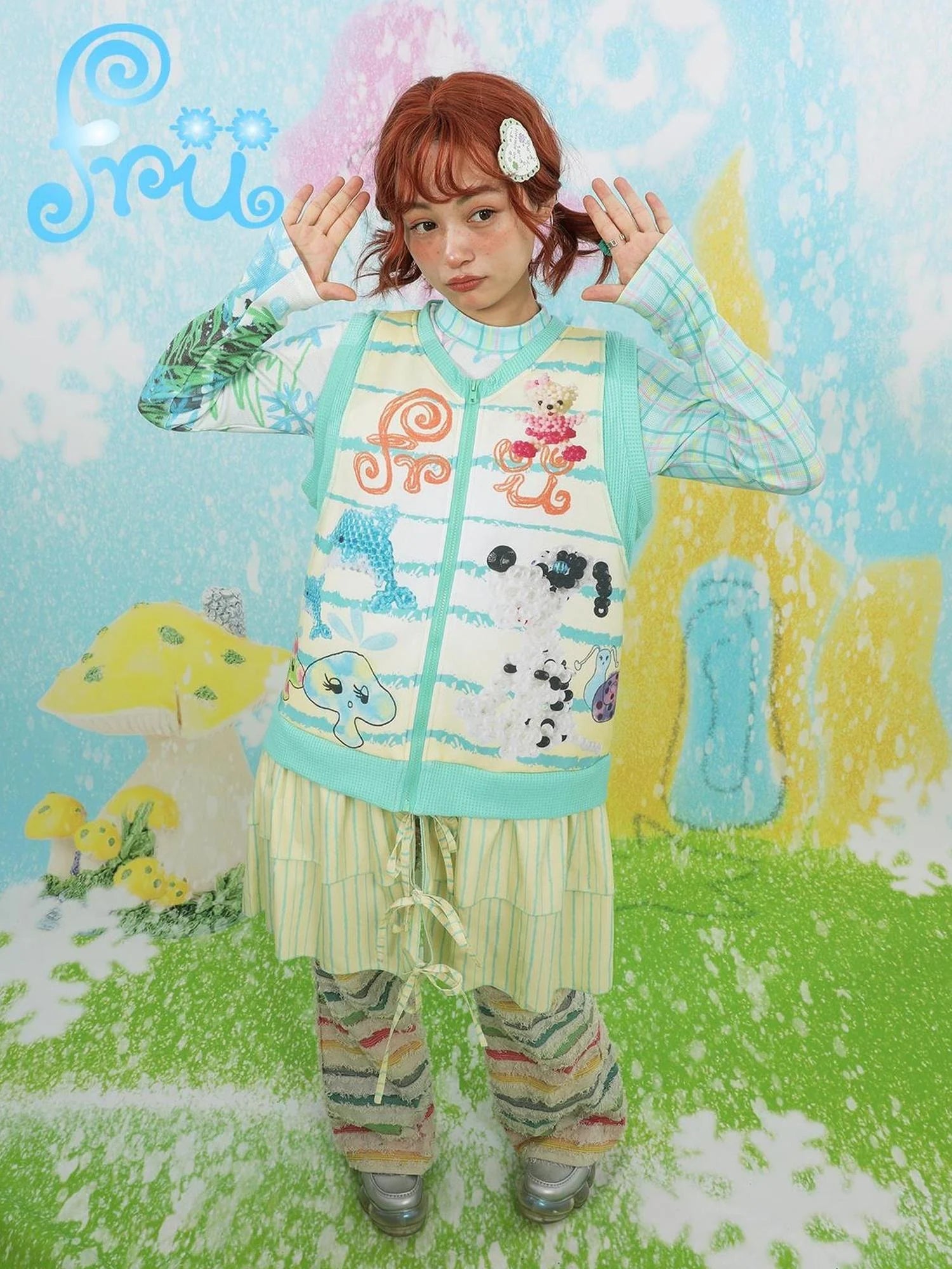 Frufruu Gulu Snowfield Print Patchwork Knit Yellow Green Vest Dress