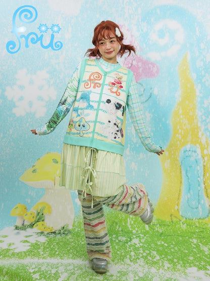 Frufru Gulu Frufruu Gulu Snowfield Print Patchwork Knit Yellow Green Vest Dress