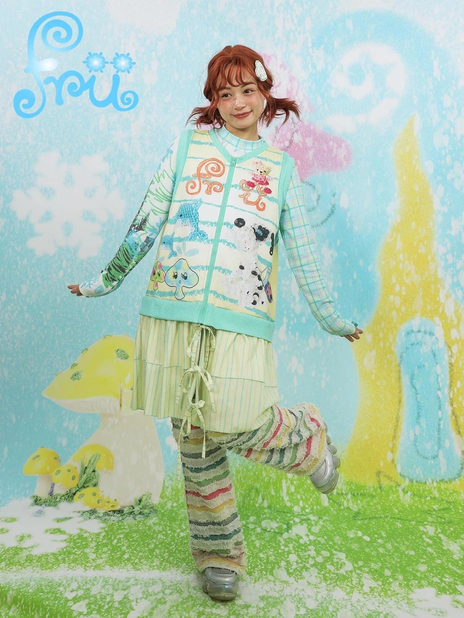 Frufruu Gulu Snowfield Print Patchwork Knit Yellow Green Vest Dress