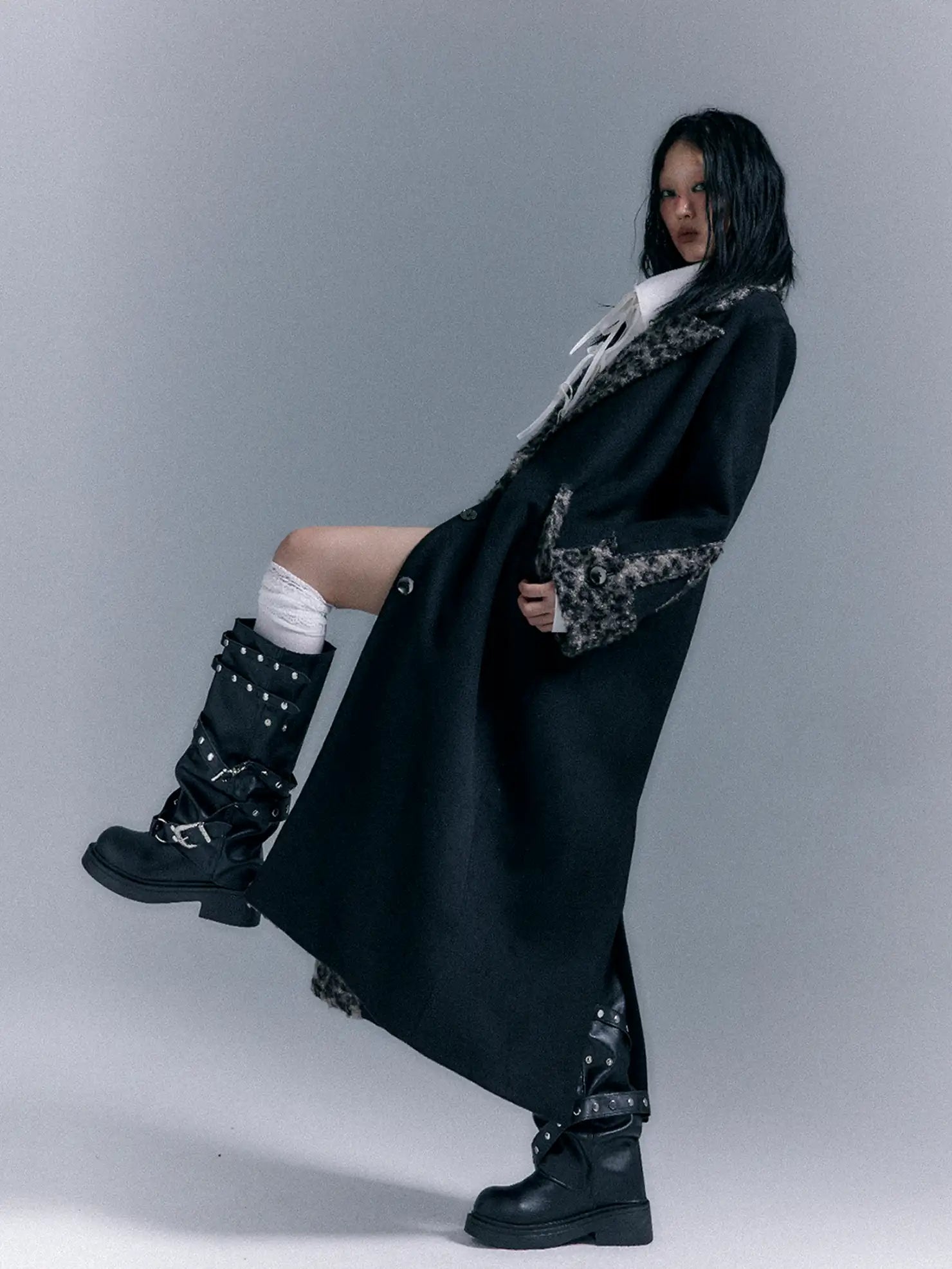 Frustration Garden Asymmetric Leopard Print Wool Blend Coat