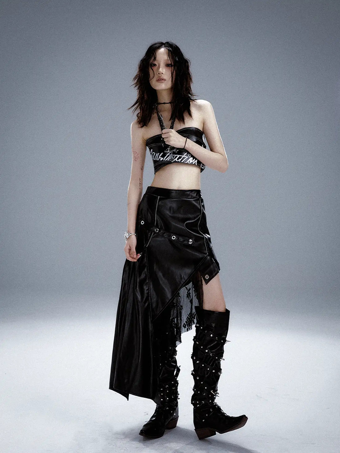 Frustration Garden Asymmetric Punk Leather Skirt With Mesh