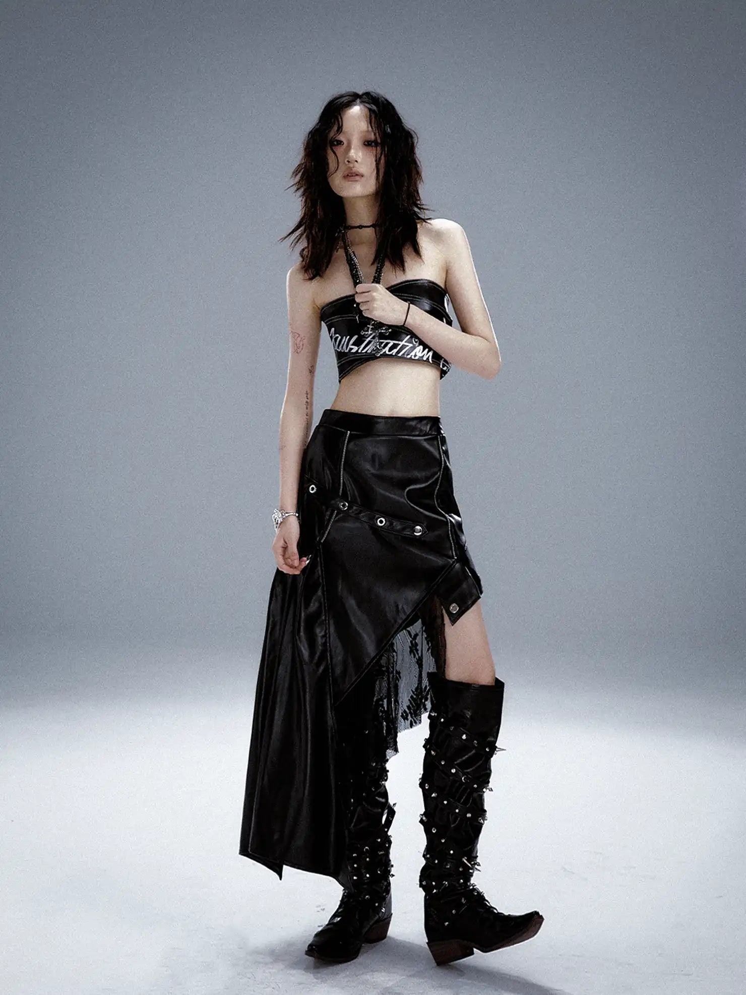 Frustration Garden Asymmetric Punk Leather Skirt With Mesh