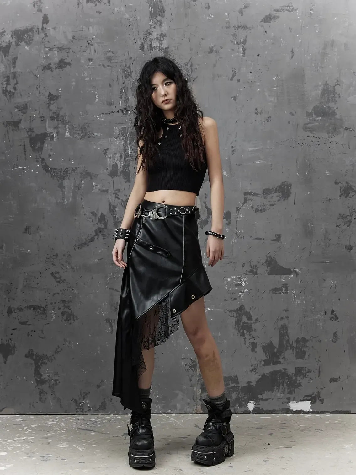 Frustration Garden Asymmetric Punk Leather Skirt With Mesh
