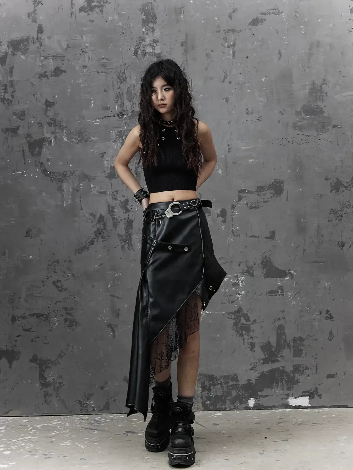 Frustration Garden Asymmetric Punk Leather Skirt With Mesh