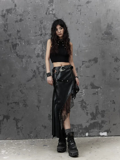Frustration Garden Asymmetric Punk Leather Skirt With Mesh