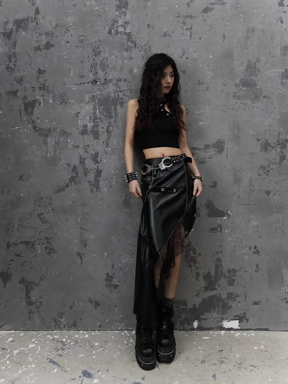 Frustration Garden Asymmetric Punk Leather Skirt With Mesh