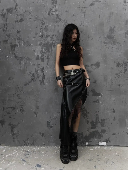 Frustration Garden Asymmetric Punk Leather Skirt With Mesh