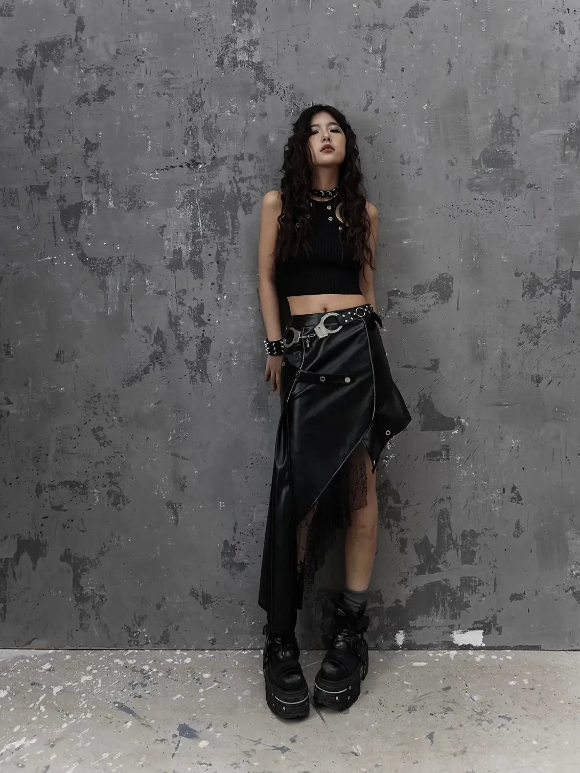 Frustration Garden Asymmetric Punk Leather Skirt With Mesh