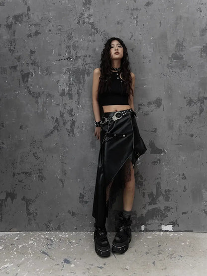 Frustration Garden Asymmetric Punk Leather Skirt With Mesh