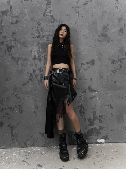 Frustration Garden Asymmetric Punk Leather Skirt With Mesh