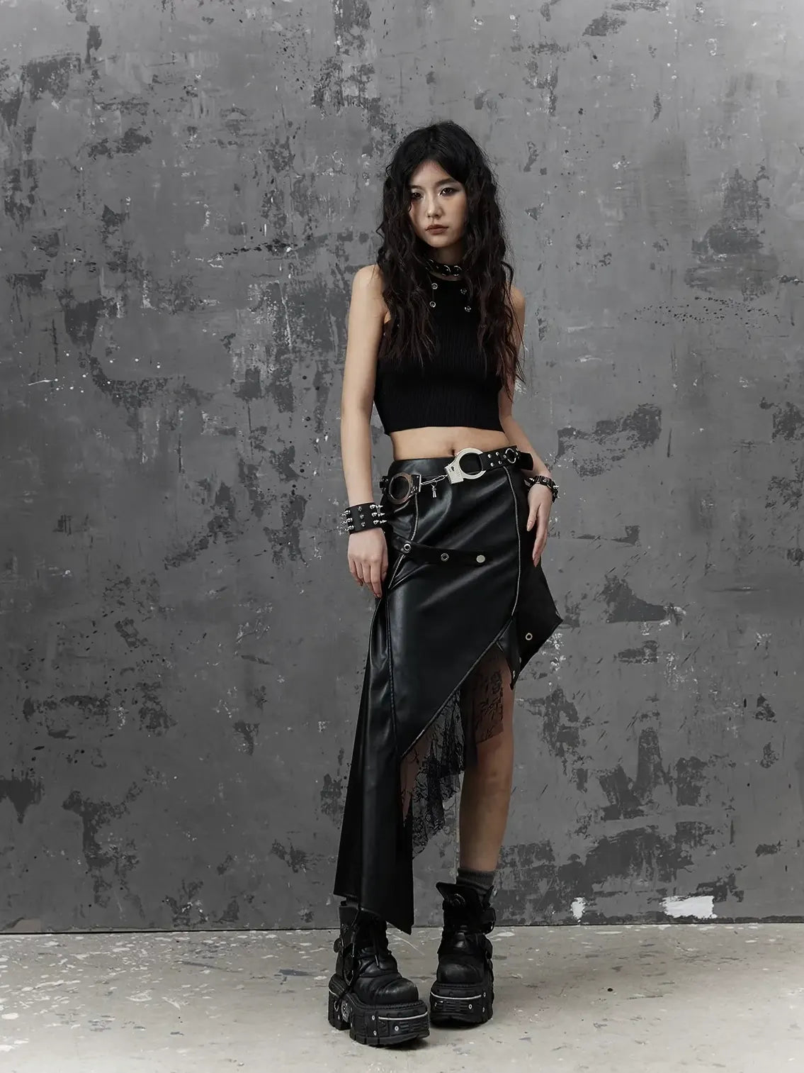 Frustration Garden Asymmetric Punk Leather Skirt With Mesh