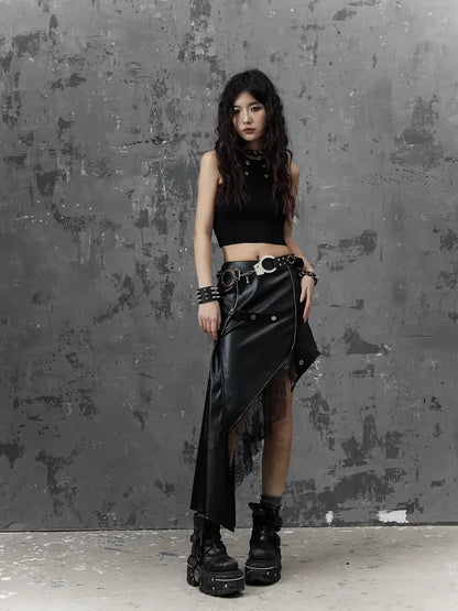 Frustration Garden Asymmetric Punk Leather Skirt With Mesh
