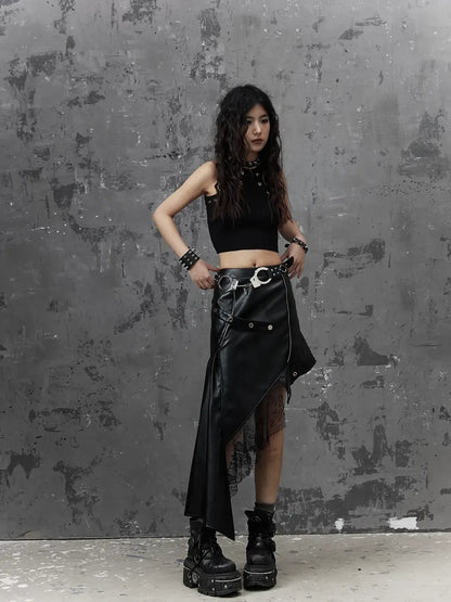 Frustration Garden Asymmetric Punk Leather Skirt With Mesh