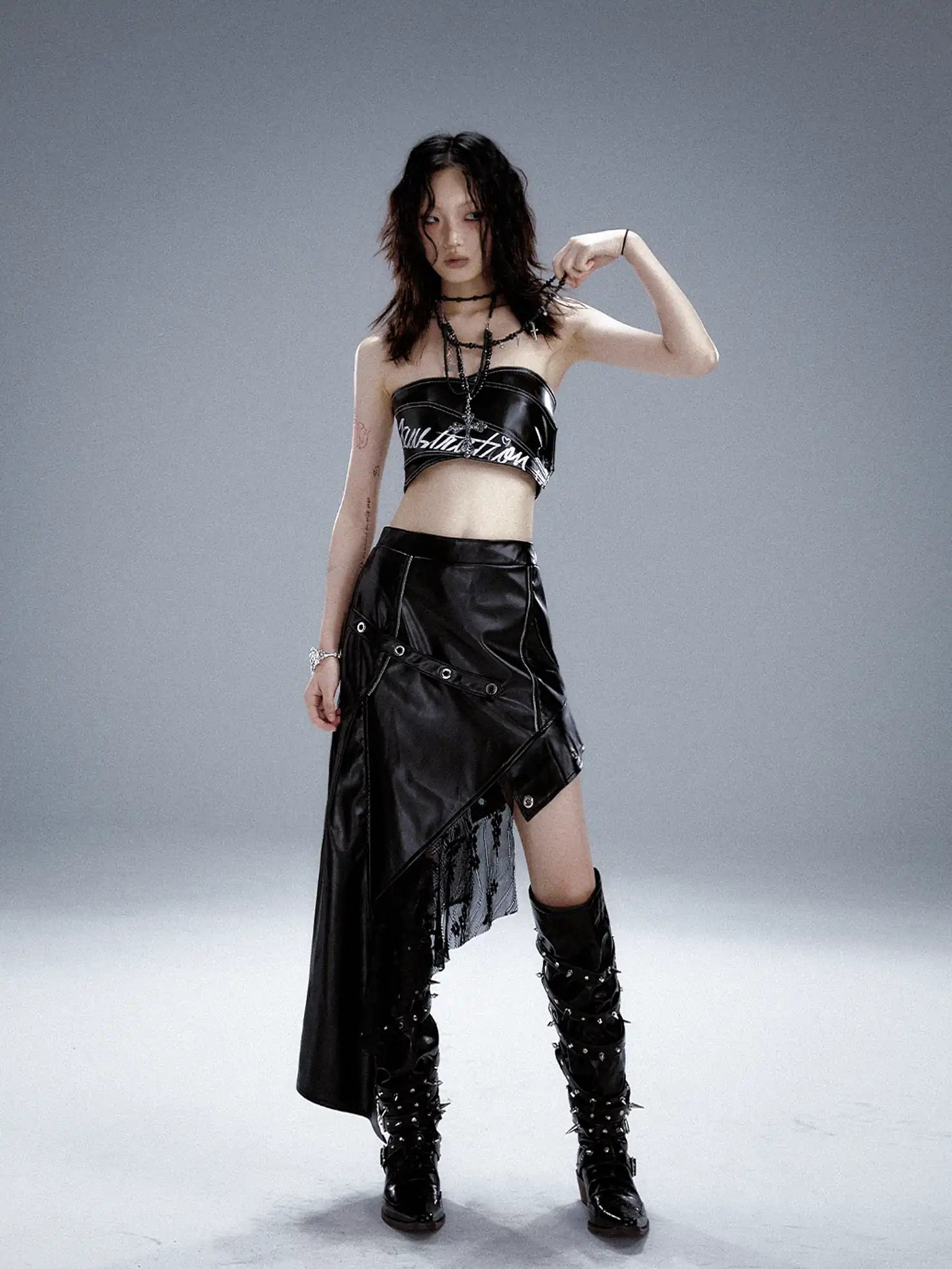 Frustration Garden Asymmetric Punk Leather Skirt With Mesh