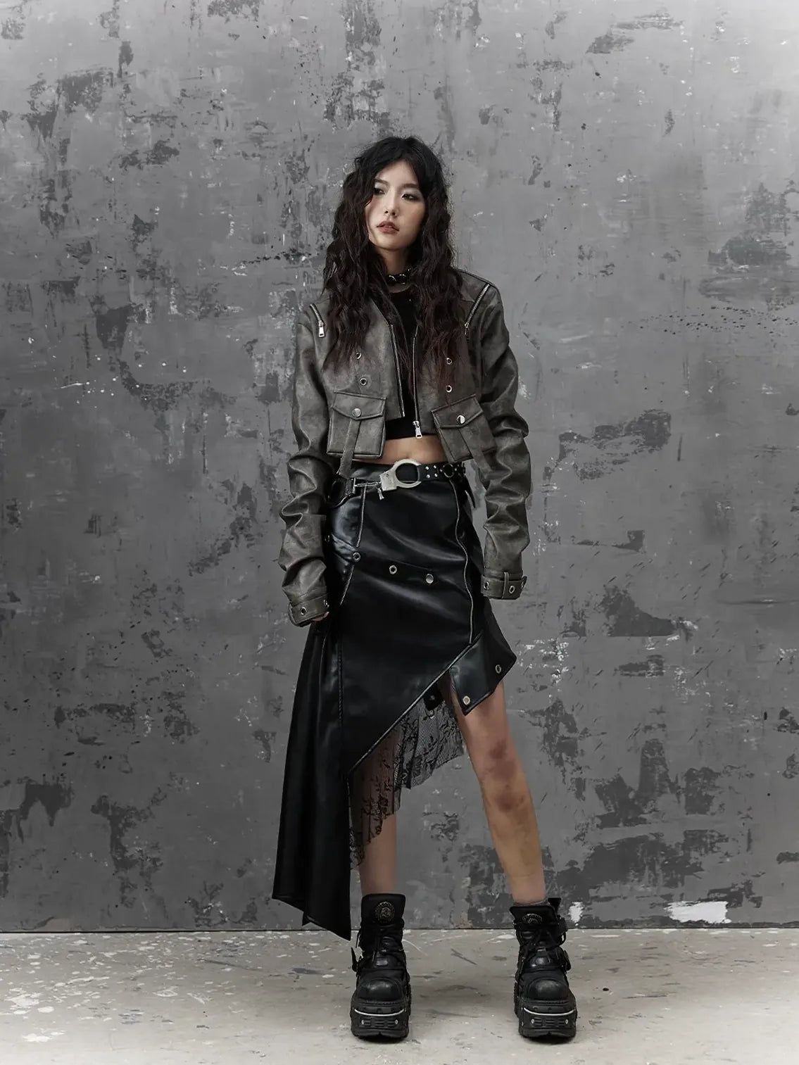 Frustration Garden Asymmetric Punk Leather Skirt With Mesh