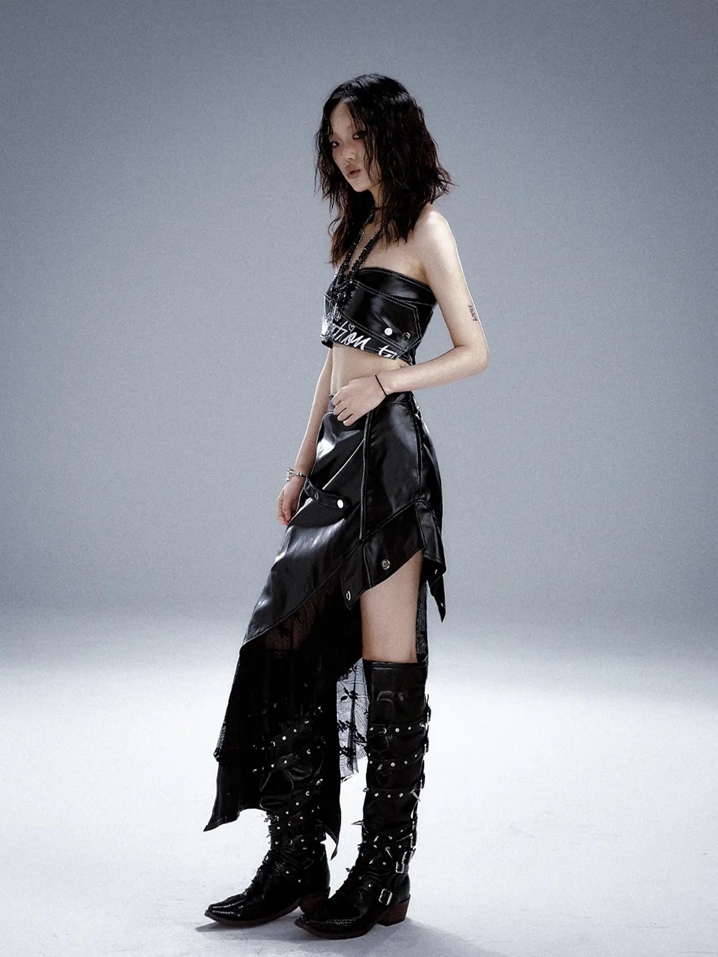 Frustration Garden Asymmetric Punk Leather Skirt With Mesh