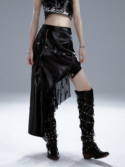 Frustration Garden Asymmetric Punk Leather Skirt With Mesh