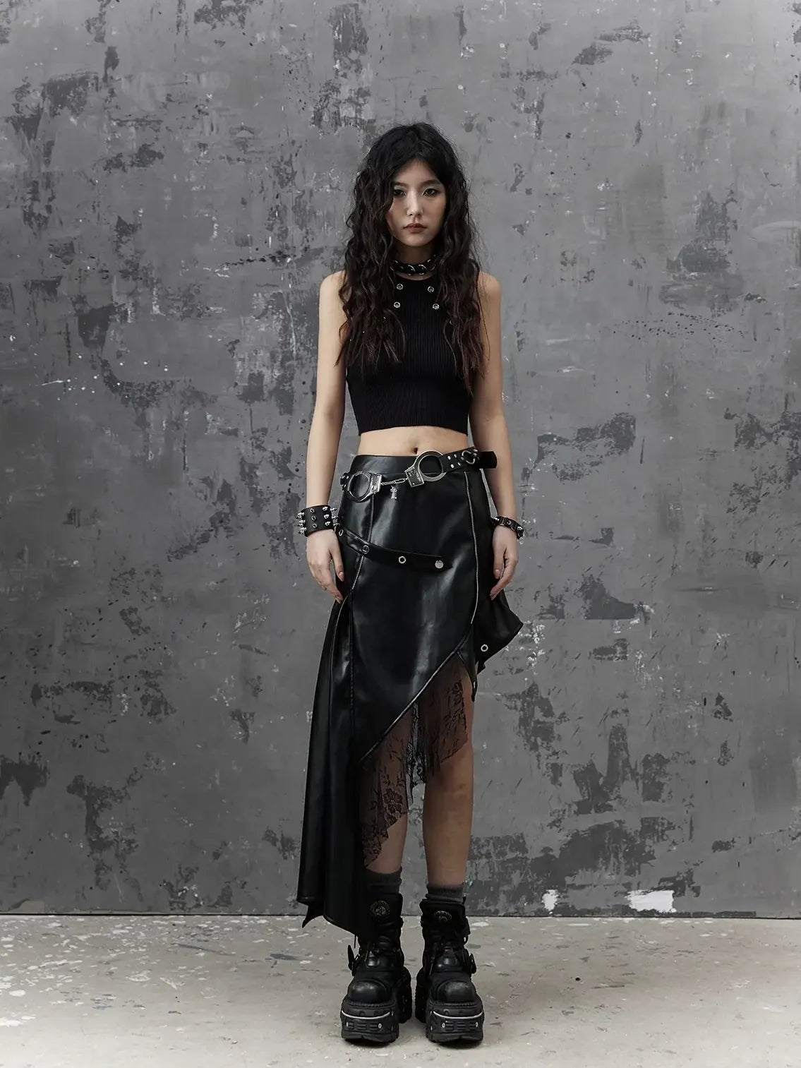Frustration Garden Asymmetric Punk Leather Skirt With Mesh