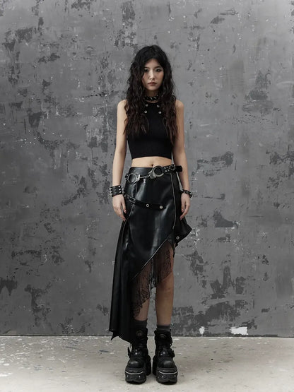 Frustration Garden Asymmetric Punk Leather Skirt With Mesh