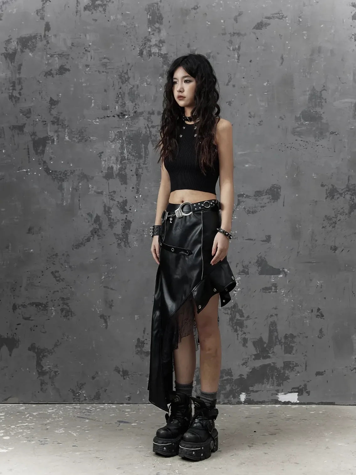 Frustration Garden Asymmetric Punk Leather Skirt With Mesh
