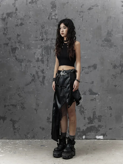 Frustration Garden Asymmetric Punk Leather Skirt With Mesh