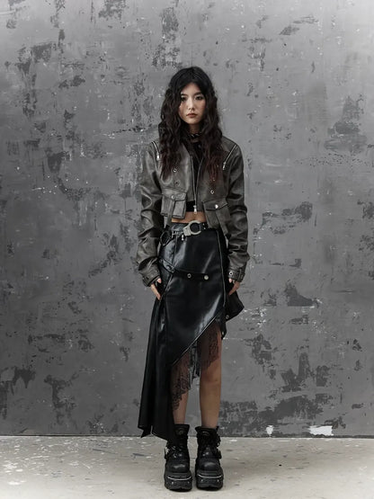 Frustration Garden Asymmetric Punk Leather Skirt With Mesh