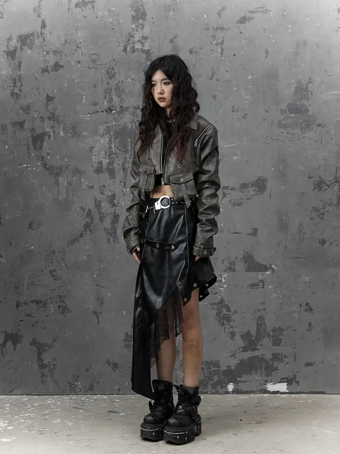 Frustration Garden Asymmetric Punk Leather Skirt With Mesh