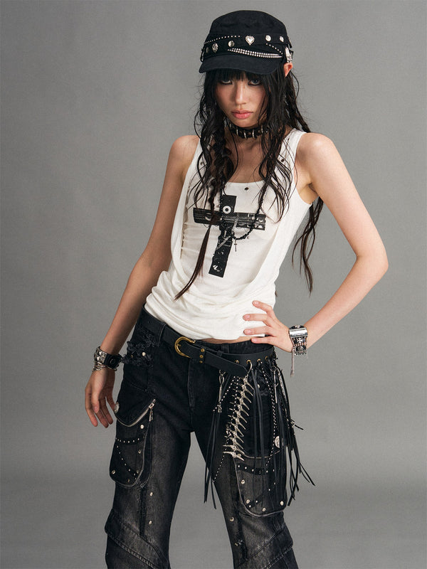 Black Fringe Punk Heavy Industrial Handmade Street Women's Alloy Leather Belts