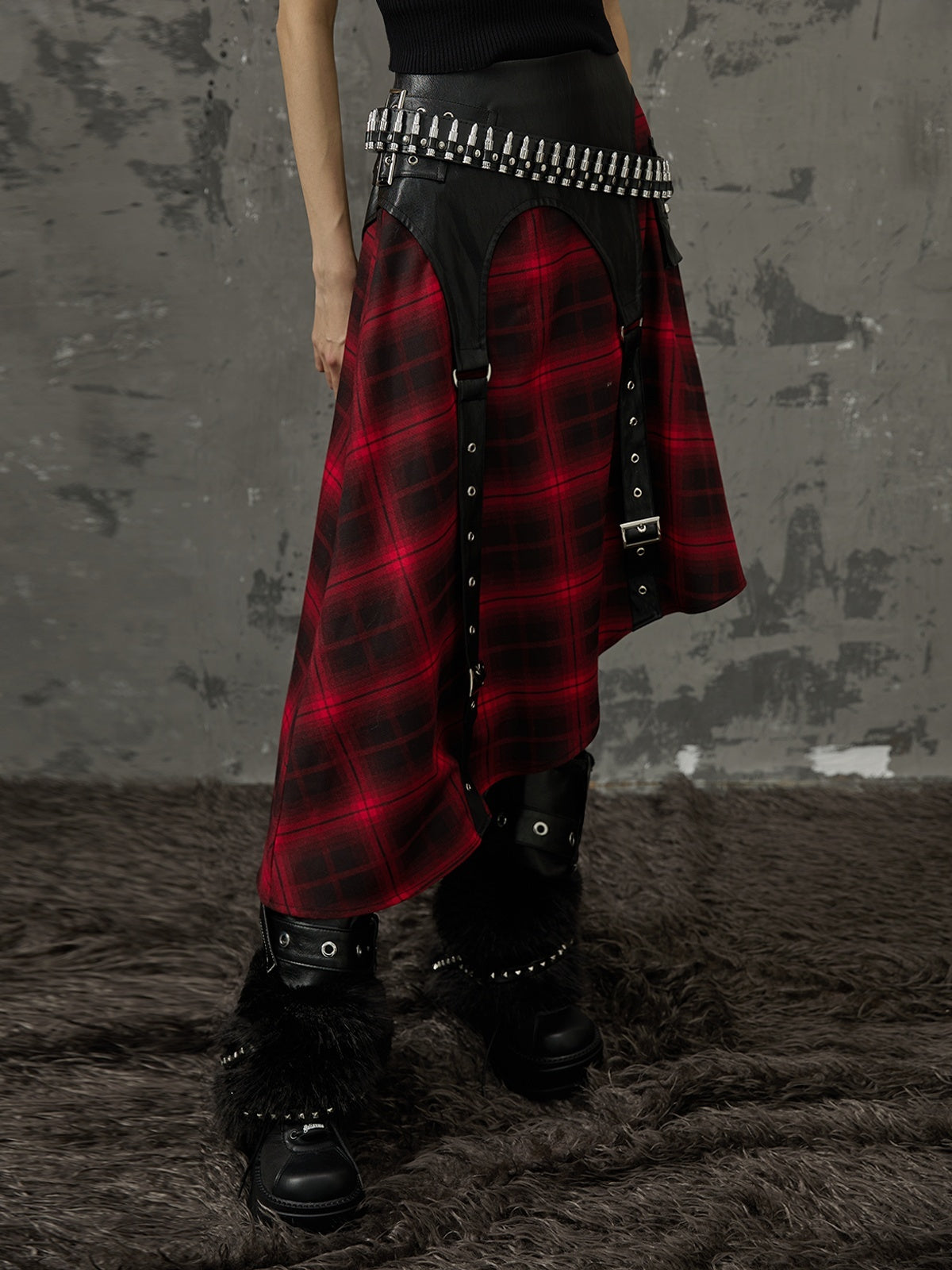 Frustration_Garden_Black_Red_Plaid_Patchwork_Asymmetrical_Rock_Women&