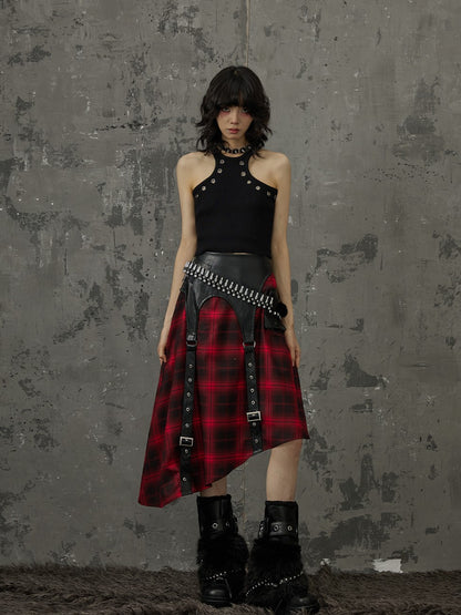 Frustration Garden Black Red Plaid Patchwork Asymmetrical Rock Women&
