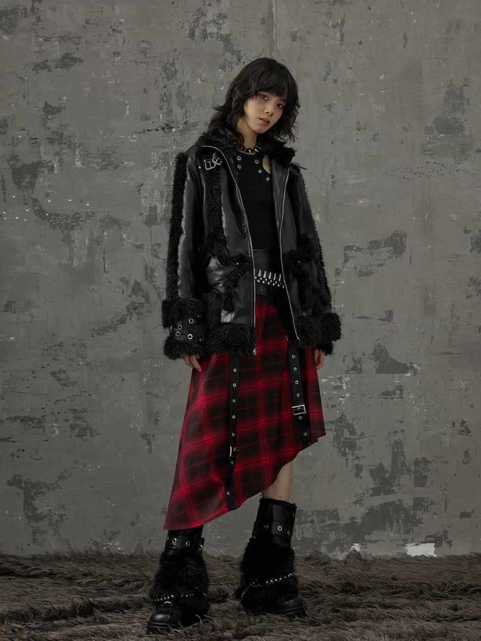 Frustration Garden Black Red Plaid Patchwork Asymmetrical Rock Women&