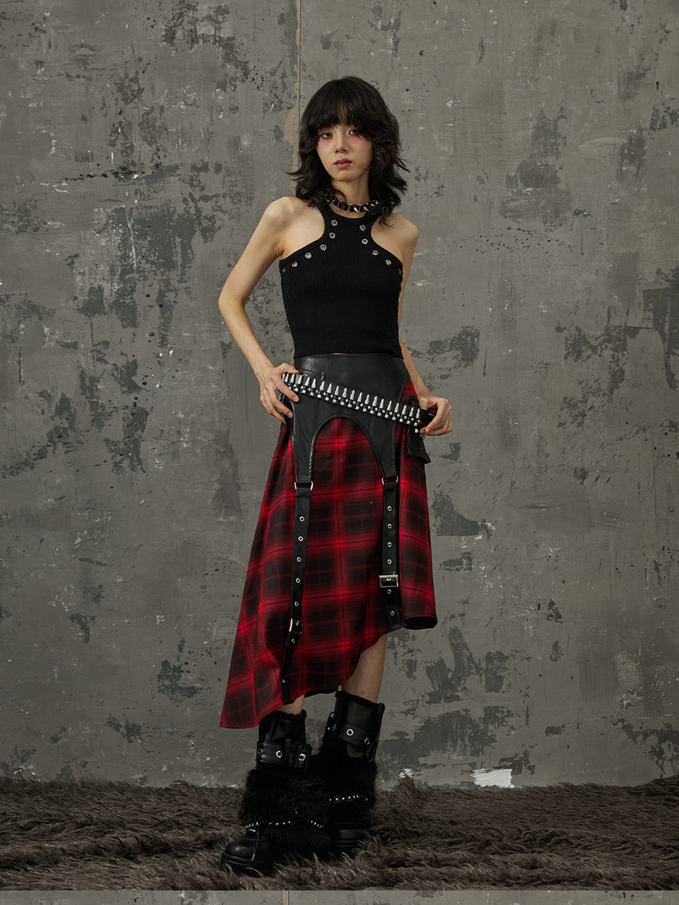 Frustration Garden Black Red Plaid Patchwork Asymmetrical Rock Women&
