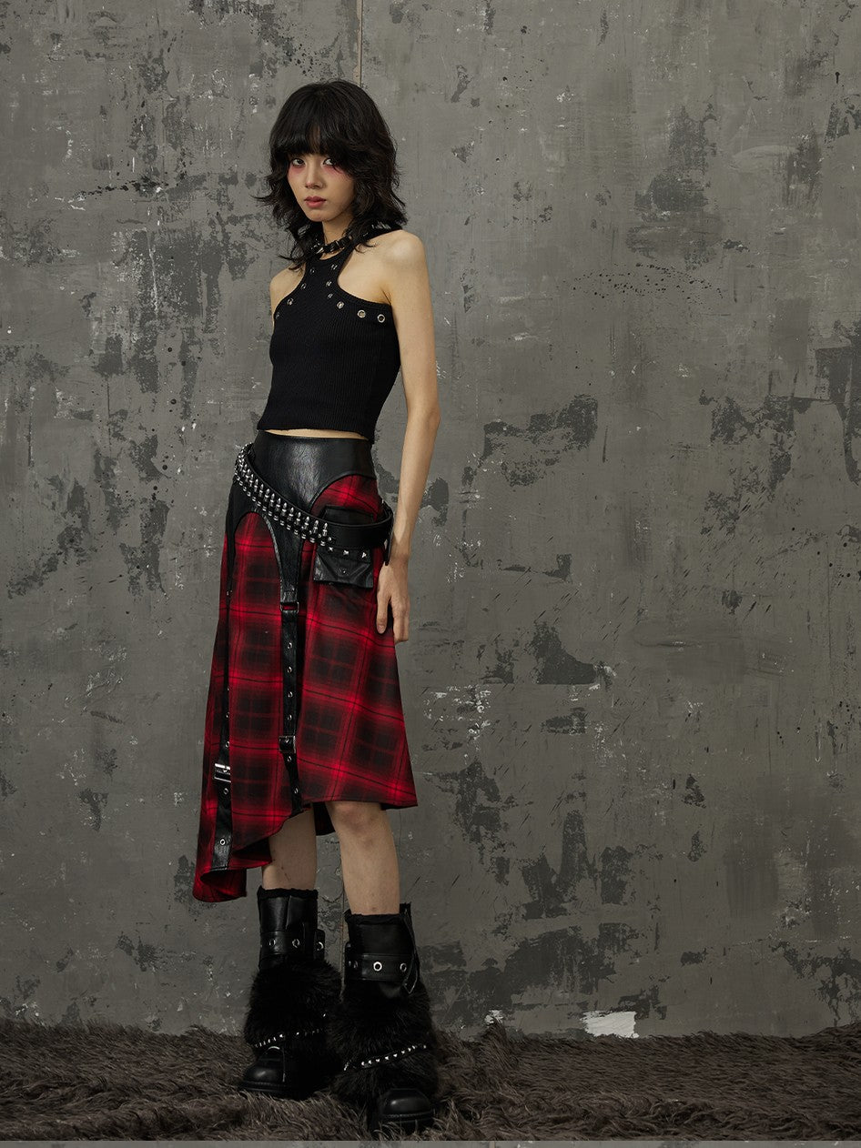 Frustration Garden Black Red Plaid Patchwork Asymmetrical Rock Women&