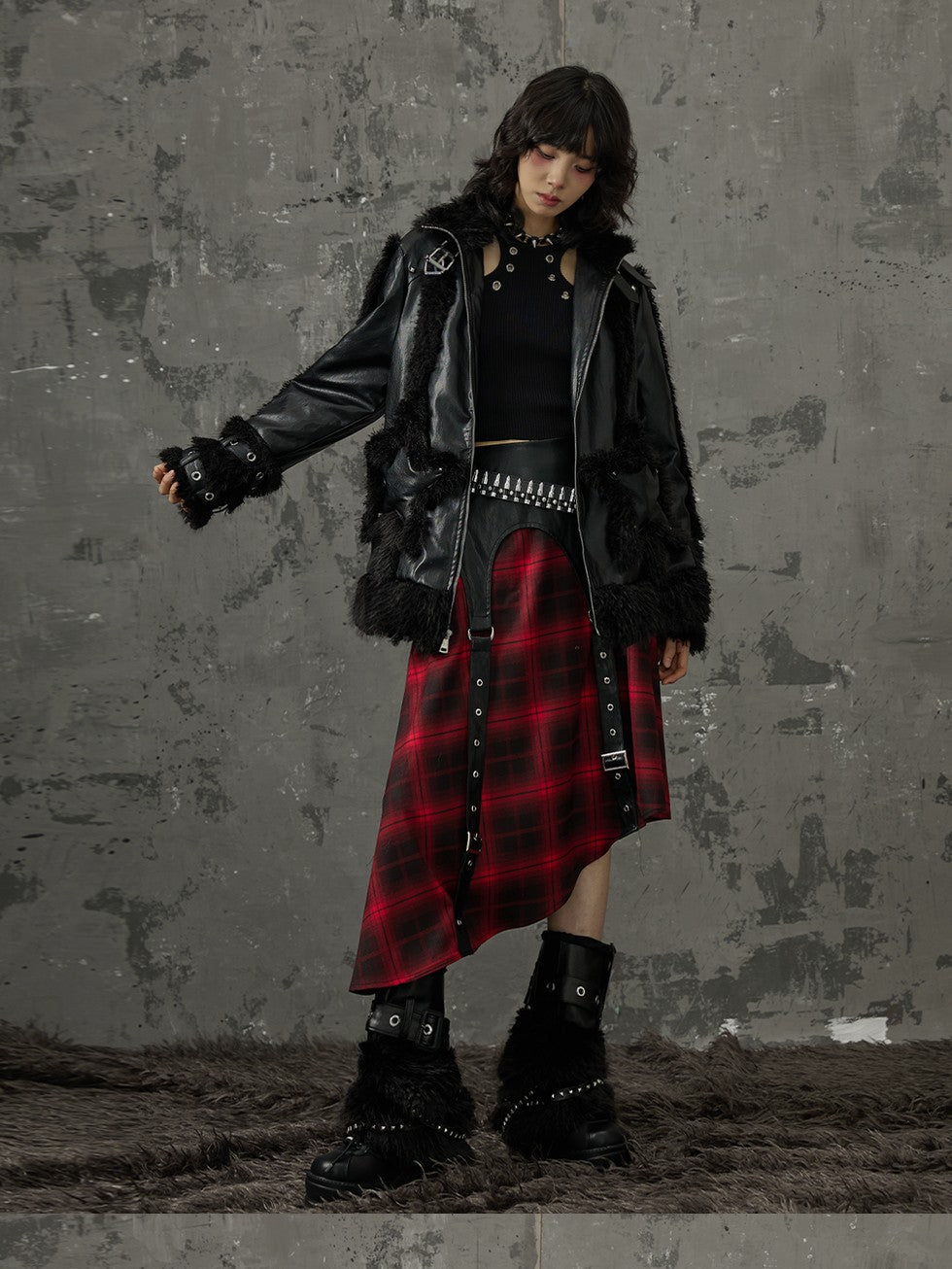 Frustration Garden Black Red Plaid Patchwork Asymmetrical Rock Women&