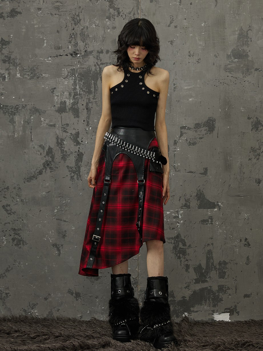 Frustration Garden Black Red Plaid Patchwork Asymmetrical Rock Women&