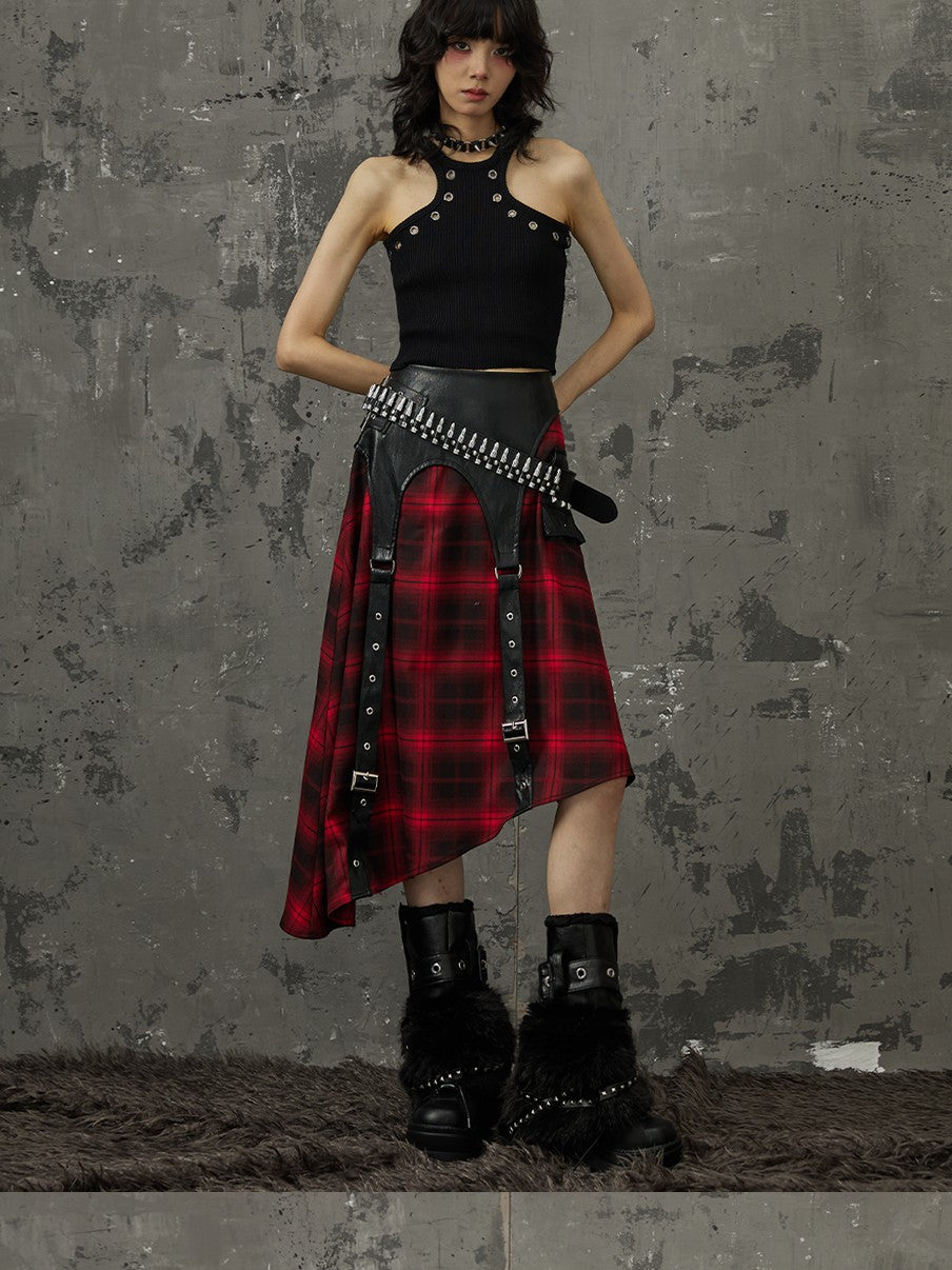 Frustration Garden Black Red Plaid Patchwork Asymmetrical Rock Women&