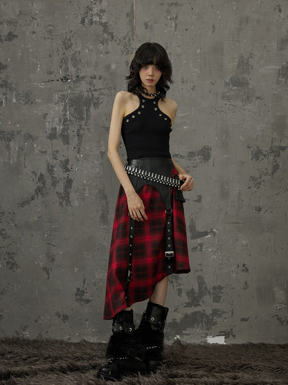 Frustration Garden Black Red Plaid Patchwork Asymmetrical Rock Women&