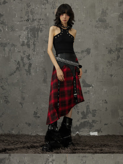 Frustration Garden Black Red Plaid Patchwork Asymmetrical Rock Women&