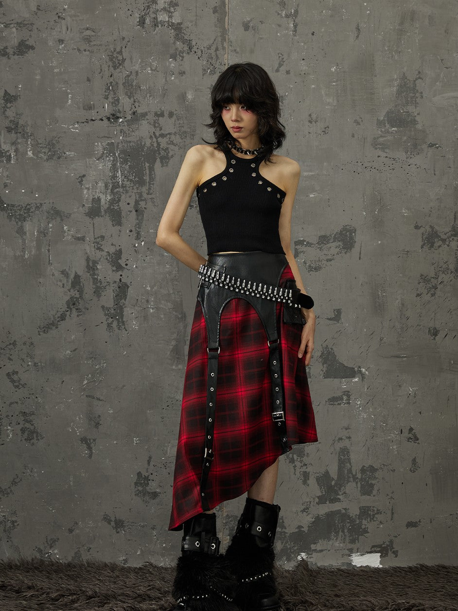 Frustration Garden Black Red Plaid Patchwork Asymmetrical Rock Women&
