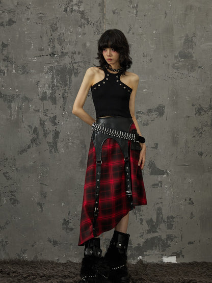 Frustration Garden Black Red Plaid Patchwork Asymmetrical Rock Women&