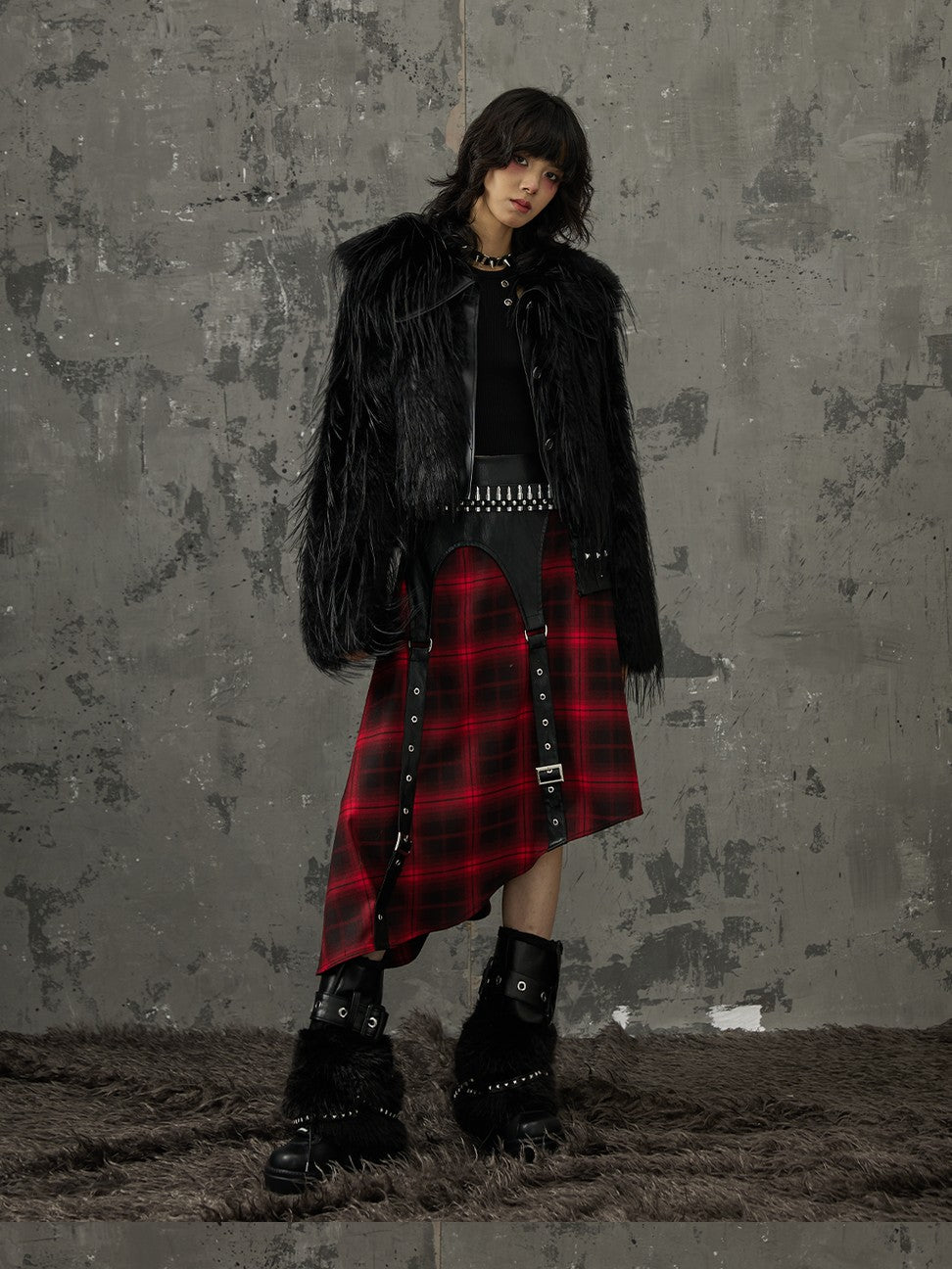 Frustration Garden Black Red Plaid Patchwork Asymmetrical Rock Women&