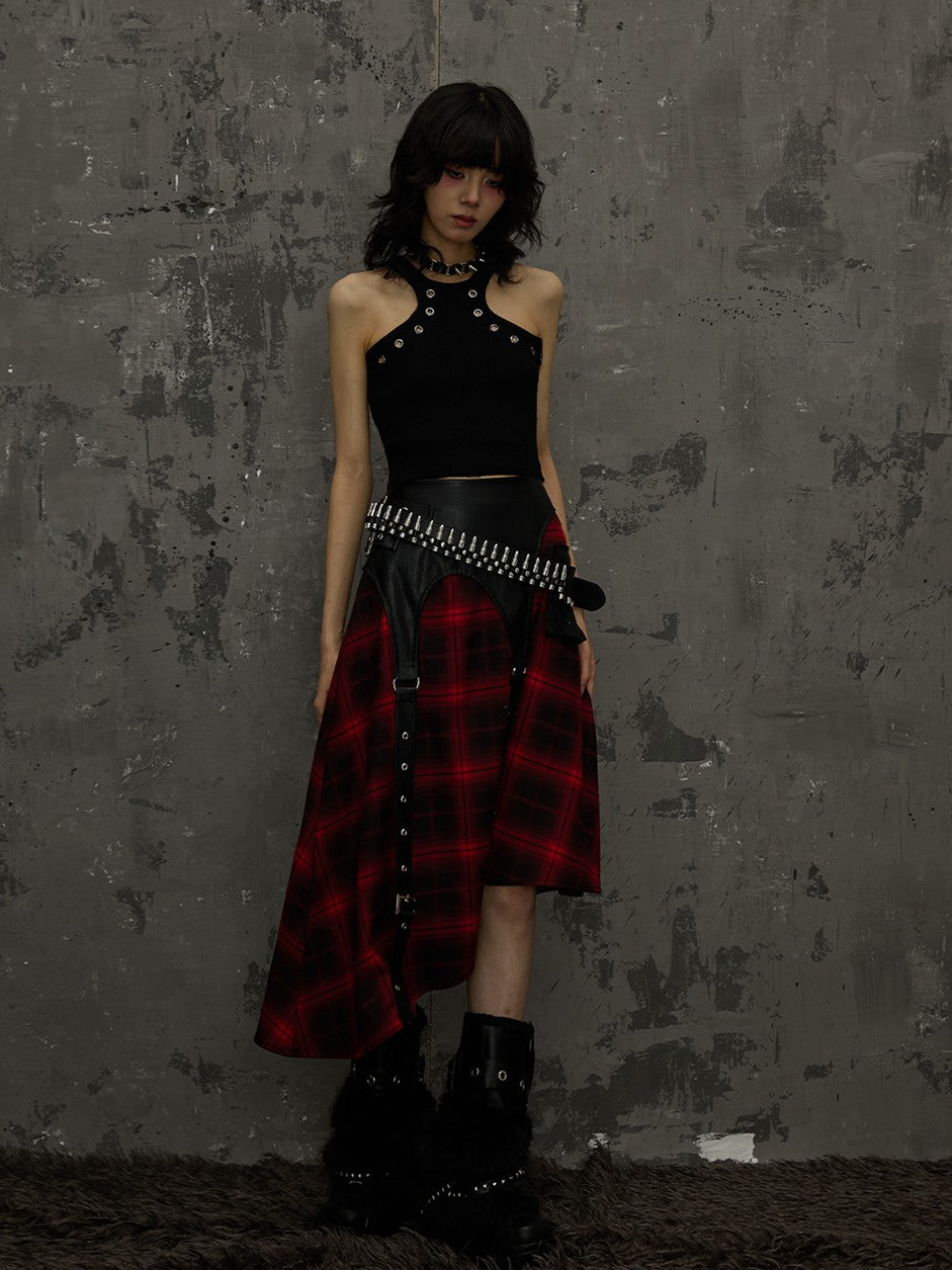 Frustration Garden Black Red Plaid Patchwork Asymmetrical Rock Women&