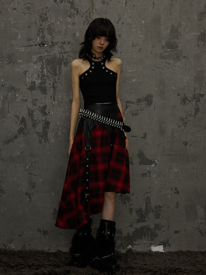 Frustration Garden Black Red Plaid Patchwork Asymmetrical Rock Women&